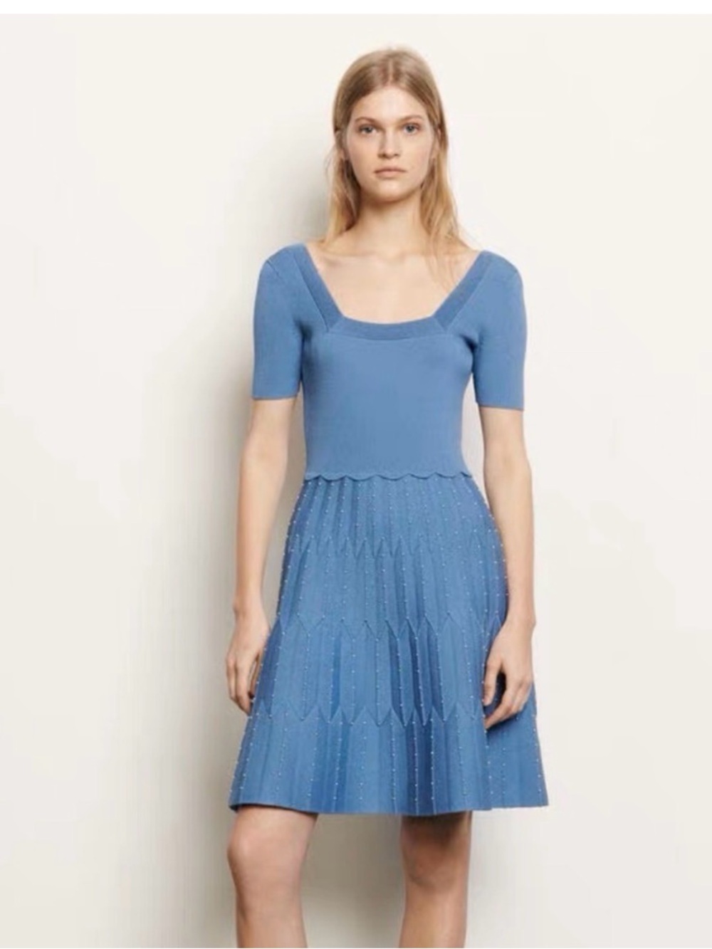 Sandro Blue Short-Sleeve Knit Fit-and-Flare Dress euro 40 fits size US 8 or 10